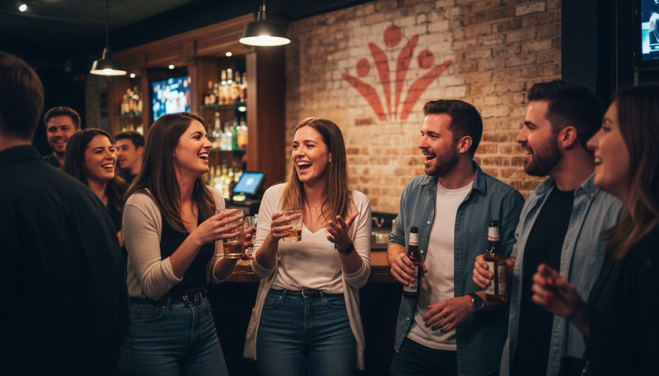 Friends laughing and drinking at a venue with the CellFree mark on the wall