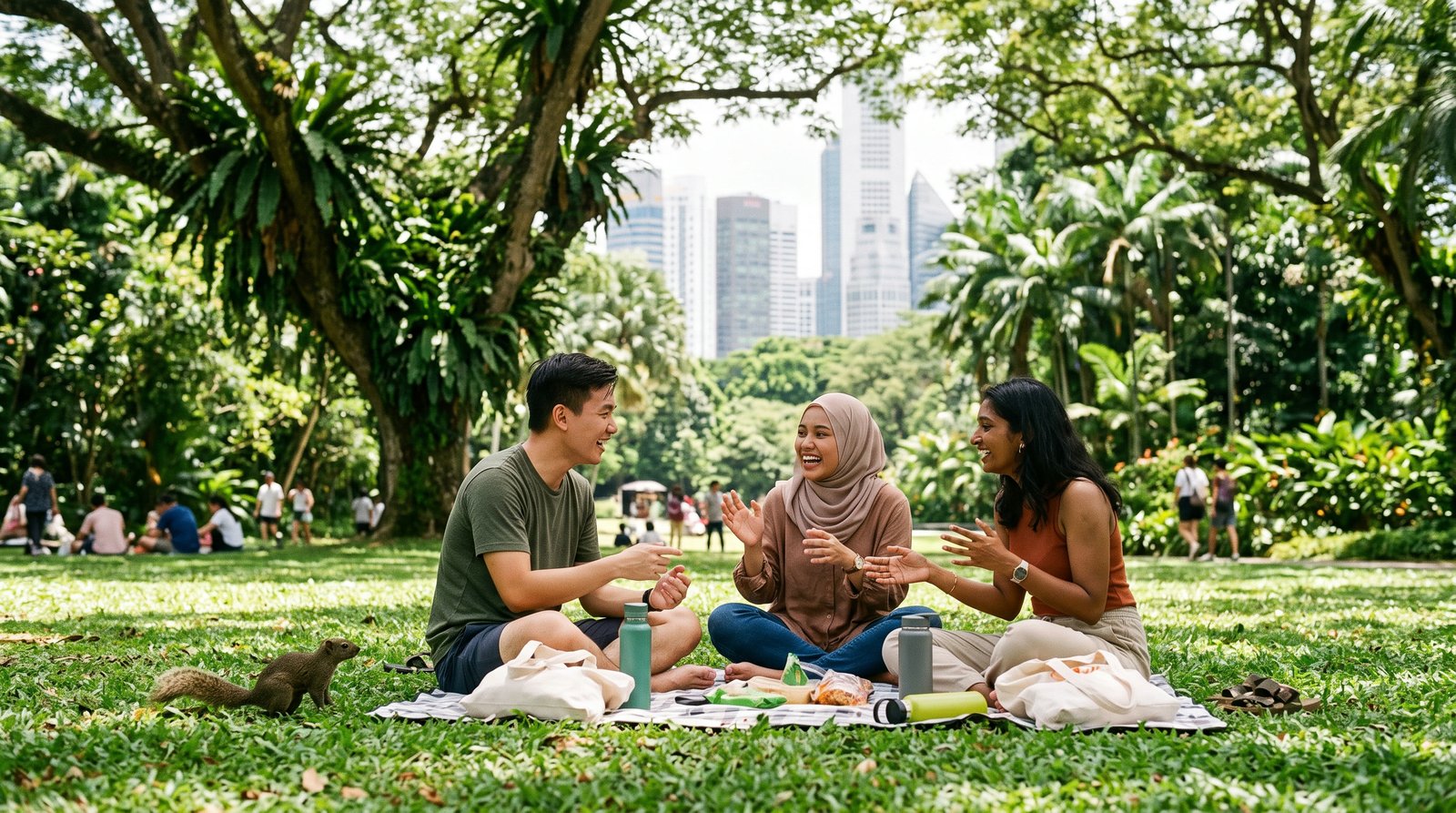 Three friends laughing together on a picnic blanket under a tree in a park, city skyline behind them — no phones, just the room