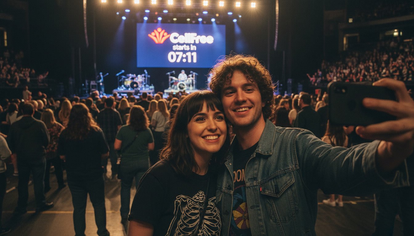 Couple taking a selfie in front of a CellFree countdown on the venue screen