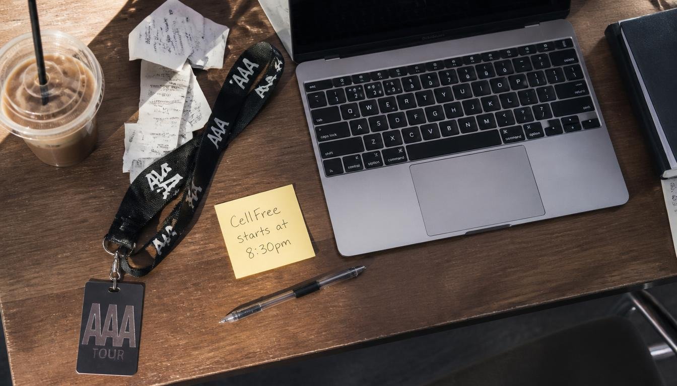 Tour team workstation — laptops, schedules, CellFree materials